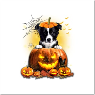 Border Collie Spooky Halloween Pumpkin Dog Head Posters and Art